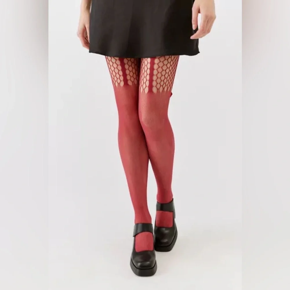 URBAN OUTFITTERS High Bow Mixed Fishnet Tight-Wine